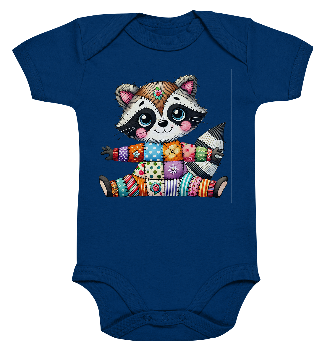 Fröhlicher Patchwork-Waschbär - Organic Baby Bodysuit