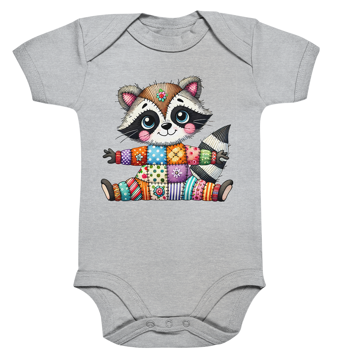 Fröhlicher Patchwork-Waschbär - Organic Baby Bodysuit