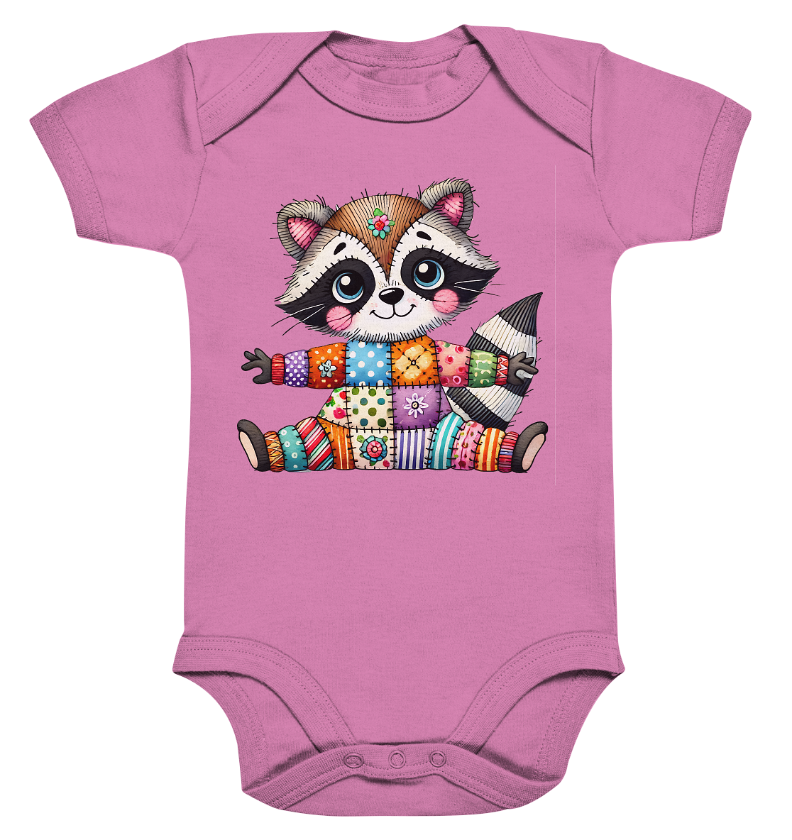 Fröhlicher Patchwork-Waschbär - Organic Baby Bodysuit