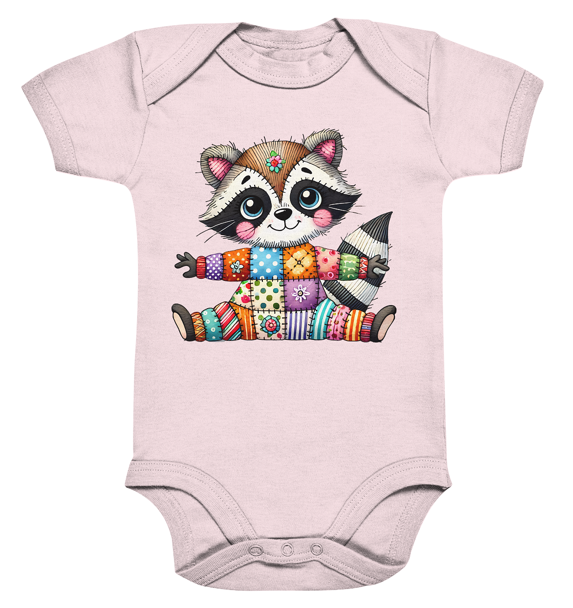 Fröhlicher Patchwork-Waschbär - Organic Baby Bodysuit